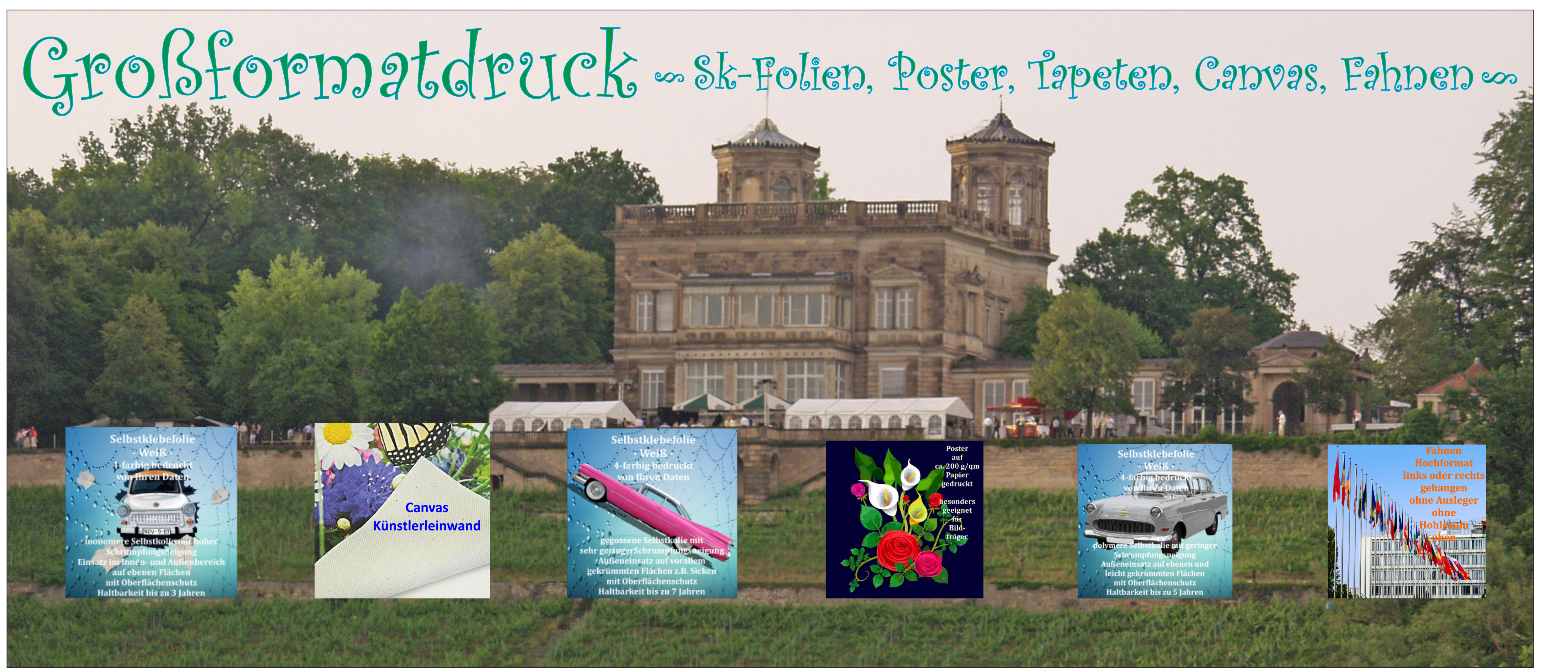 Digitaldruck in Klein- und Großformat, Aufkleber rechteckig, Freiform, Sticker, Poster, Planen, Selbstklebefolien beklebt, rund, oval, 