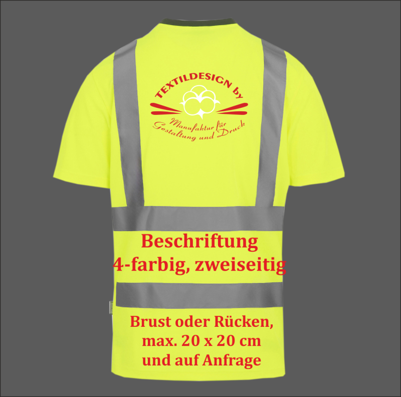 zweiseitig bedrucktes Warn-T-Shirt, Arbeitsbekleiung, Warnarbeitsbekleidung beschriftet, Textildruck